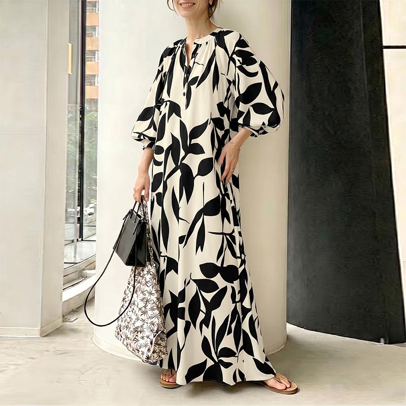 ZANZEA Women Boho Print Loose Casual Round Neck 3/4 Sleeve Long Dress