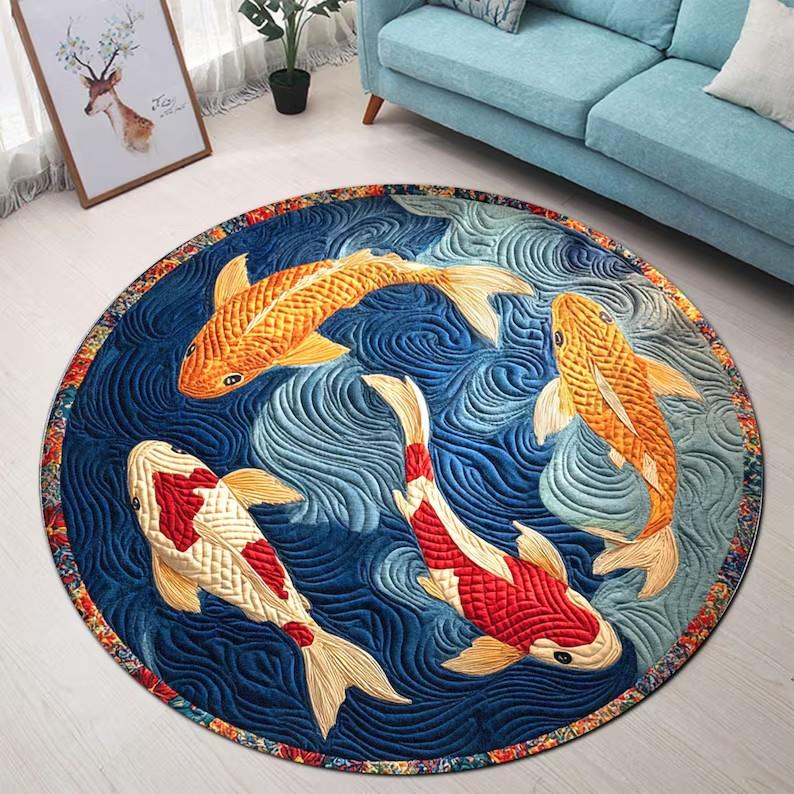 Chinesischer Koi Rundteppich Chinesisches Tai Chi Yin-Yang Floraler Lotus-Teich Teppich Orientalischer Stil Wohnzimmer Schlafzimmer Dekoration Teppich