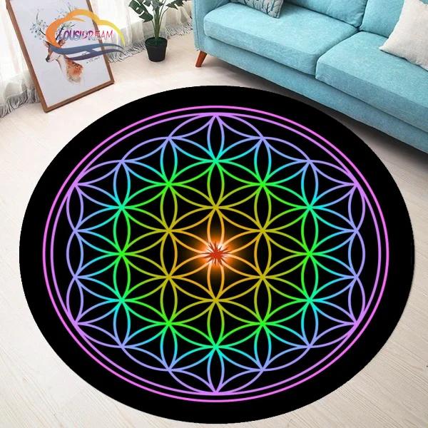 Sacred Planet Geometrie Flower of Life Kulaté koberce Podložka na jógu Polštář Obývací pokoj Ložnice Koberec pro pracovnu Potisk Protiskluzová židle