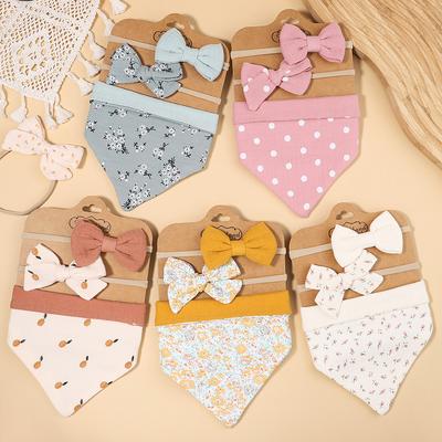 3Pcs/Set Muslin Cotton Baby Bib Newborn Bows Headband Triangle Print Saliva Towel Infant Boy Girl Feeding Burp Cloth Shower Gift