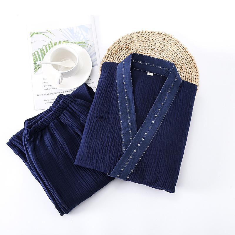 Pure Cotton Mens Pajamas Set Japanese Kimono Plus Size Long Sleeve Pant Suit Casual Comfortable Home Service Two-piece Sleepwear