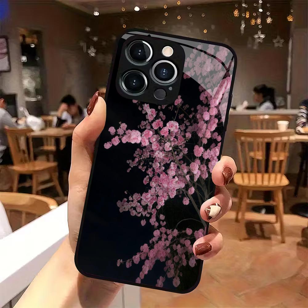 Cherry Blossom Tree Pattern Tempered Glass Phone Case Suitable for iPhone 17 16 15 14 13 12 11 Pro/Max/Plus Anti Drop Back Cover