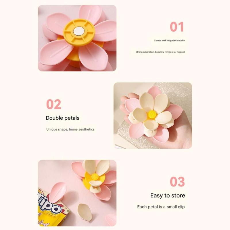 Double Layer Magnetic Sealing Clip for Food Storage Bags With Refrigerator Magnet and Flower Designs