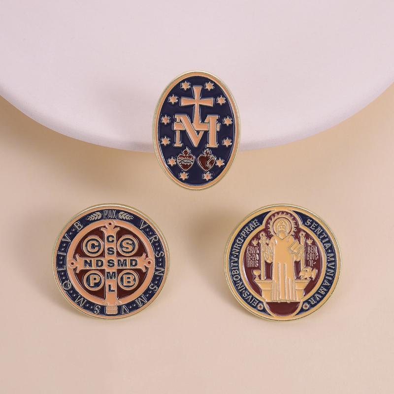Catholic Saint Benedict Pins Vintage Religious Medal Brooches Exorcism Cross Monogram Badges Christian Faith Jewelry For Gifts