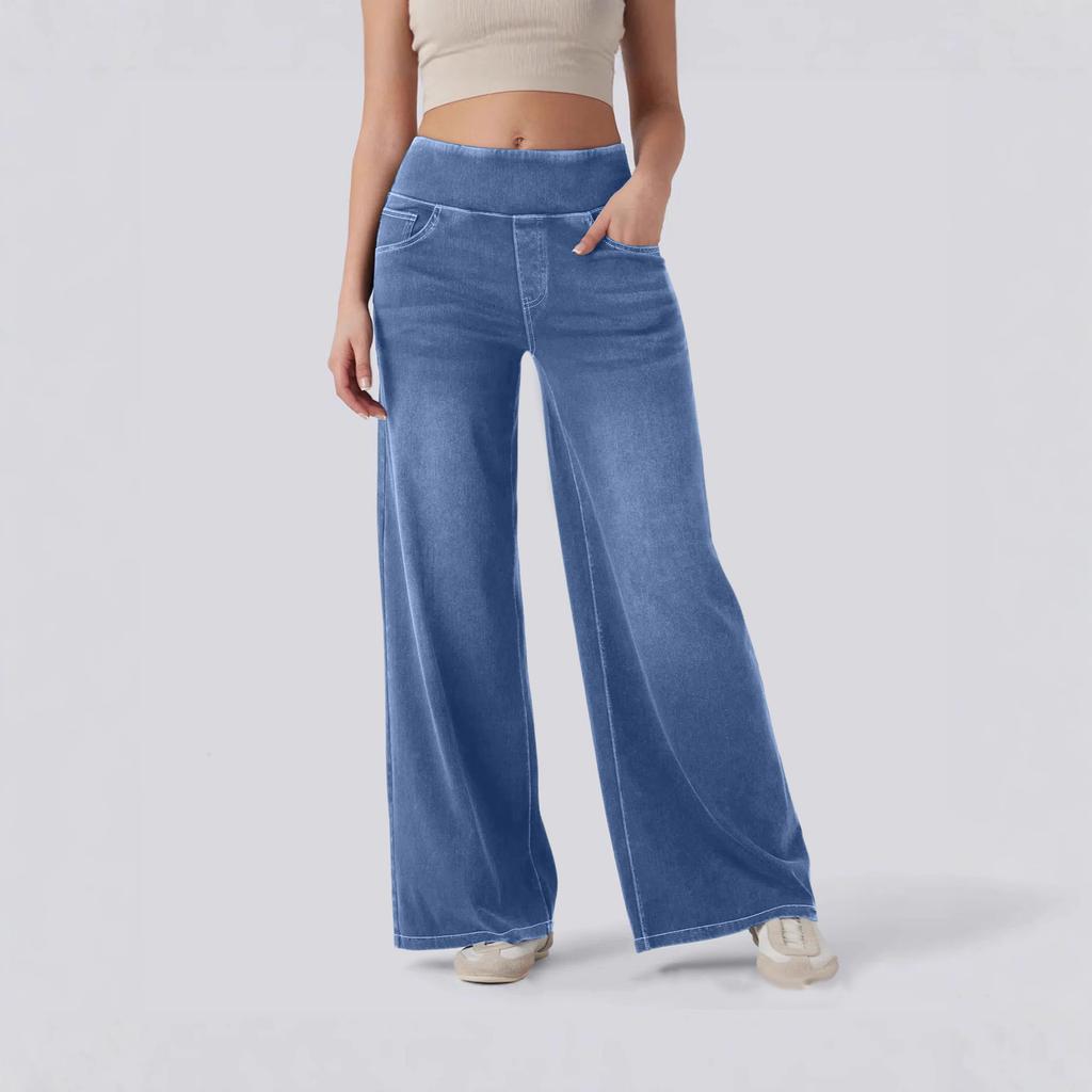 Women Wide Leg Jeans with Zipper Pockets Loose Fit High Waist Denim Pants Full Length Casual Bottoms for Work and Daily Wear