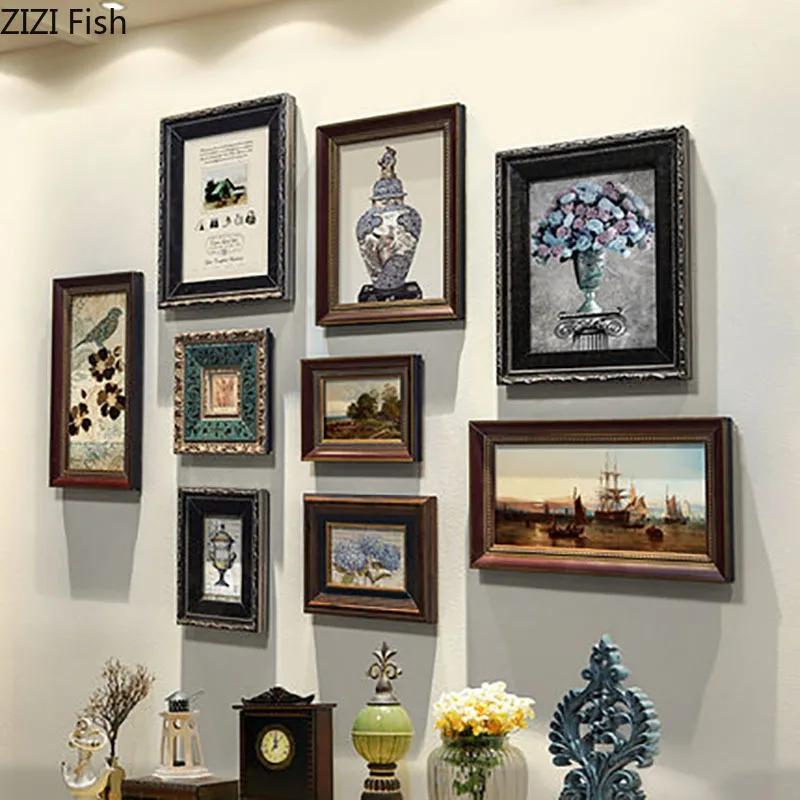 9 Pcs-set Wall-mounted Photo Frame Mural Vintage Wood Picture Frames Figure Portrait Framed Art Living Room Decoration Ornaments