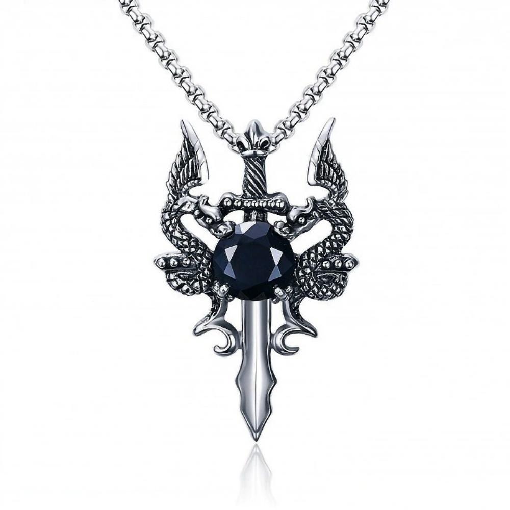 New Gothic Style Women's Ancient Silver-color Evil Dragon Gem Pendant Necklace Personalized Fashion Street Sweater Chain Jewelry