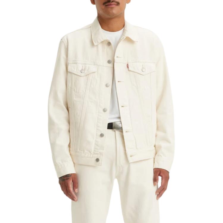 Bunda Levis Trucker Jednobarevná Klopa Jednořadé Zapínání Vypasovaná Dlouhý Rukáv Pánské bundy Bílá 72334-0433