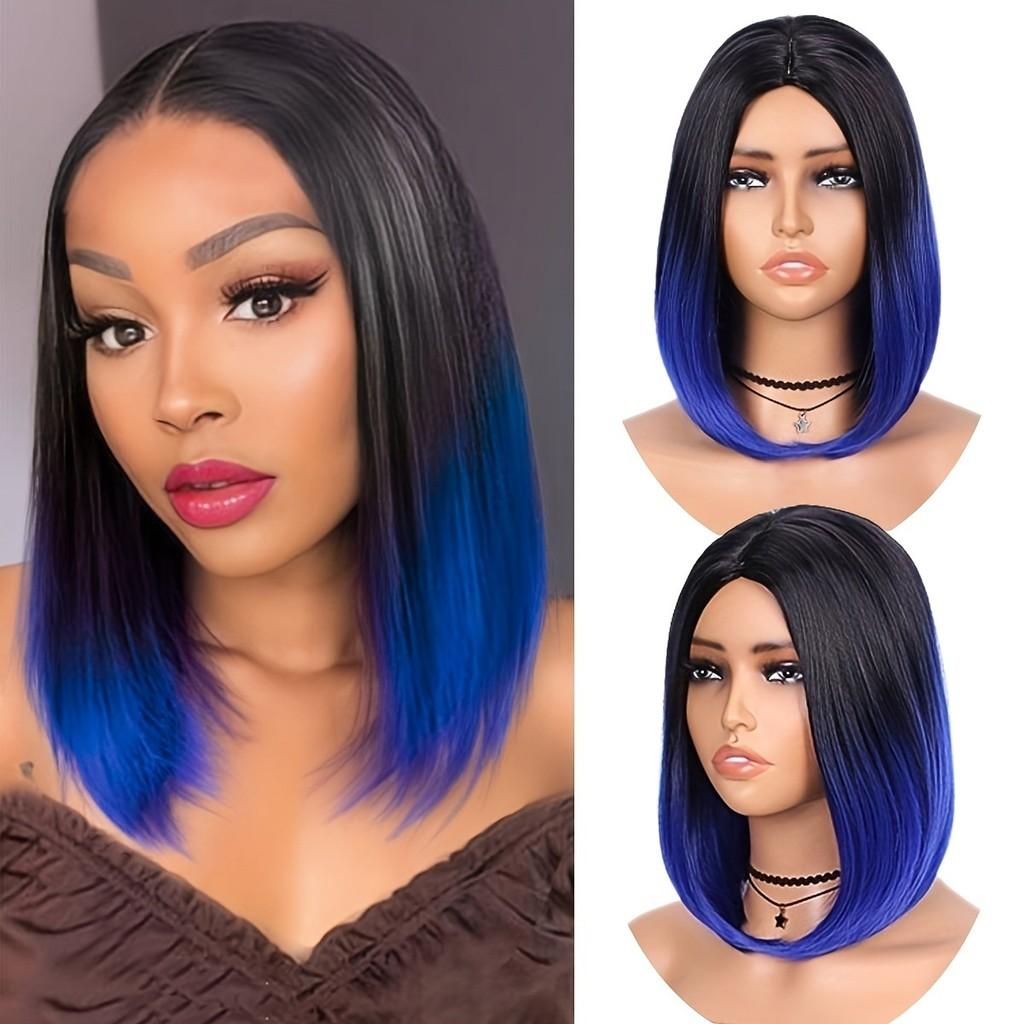Premium Short Wig With Middle Part For Women Black Blue For Cosplay