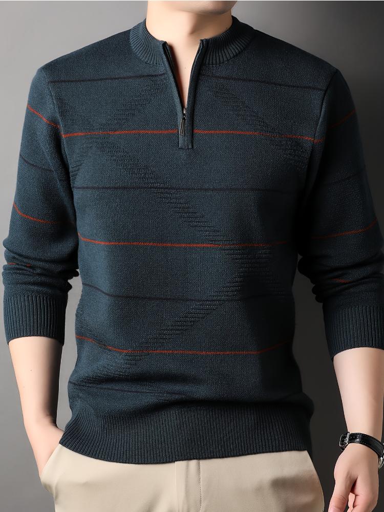 Men's Casual Striped Knit Sweater With 1/4 Zip, Long Sleeve Polyester & Acrylic Blend Top, Mature Style
