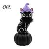 Creative Halloween Home Accents Pumpkin Witch Hat Black Cat Ornament, Resin Desktop Skeleton Small Collectible Ornaments Statue, Cartoon Figurine for