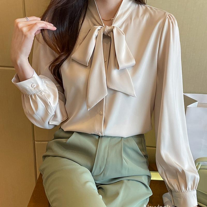 Spring and Summer New Ladies Long Sleeve Chiffon Ribbon Gentle Shirt