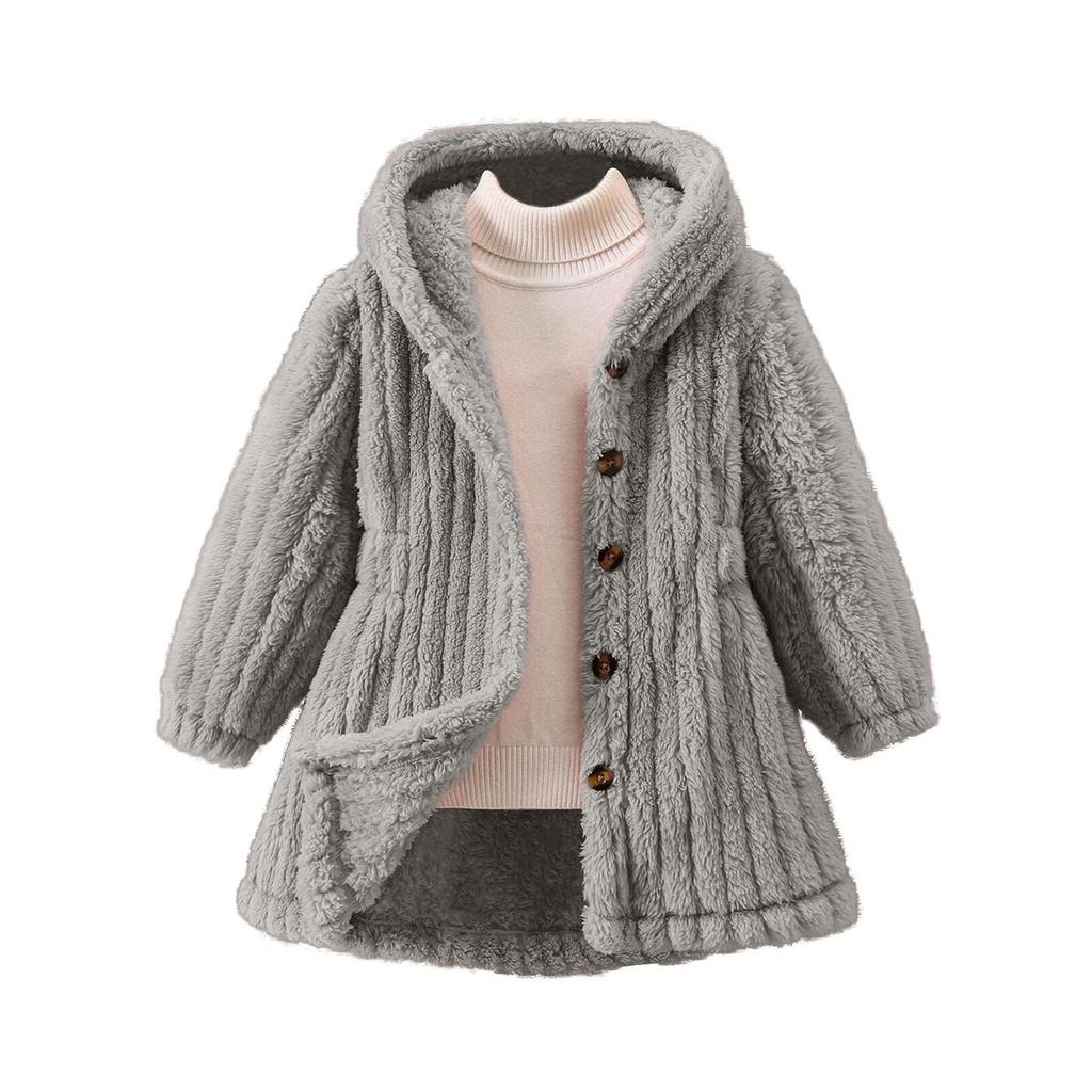 Girls' Fashionable Casual Solid Color Plush Warm Cardigan Long Sleeved Hooded Jacket