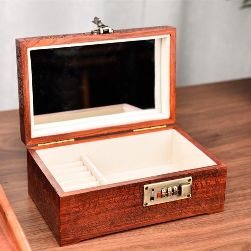 Sandalwood Jewelry Storage Box Valuable Jewellery Protect Case Peony Trinket Collection Boxes Household Lockable Organizer Cases