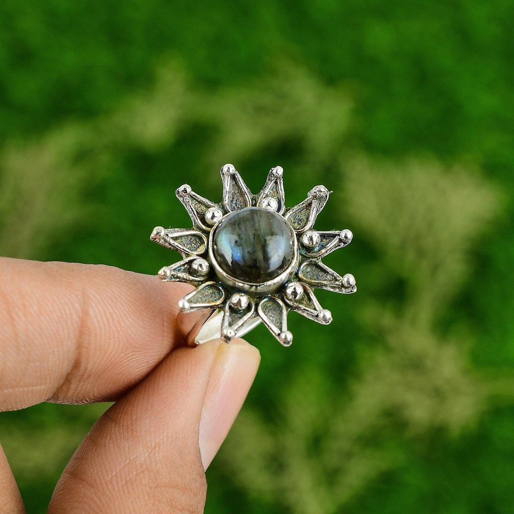 Womens day Deal 925 Sterling Silver Natural Labradorite Flower Stackable Ring