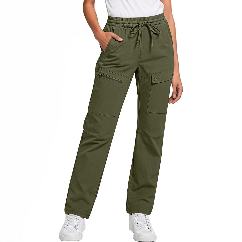 Damen Cargohose mit Kordelzug in der Taille und geradem Bein mit mehreren Taschen, elastischem Bund und Reißverschluss für den täglichen Gebrauch