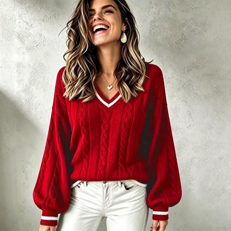 Women Loose V Neck Color Block Cable Knit Long Sleeve Fashion Sweater Top