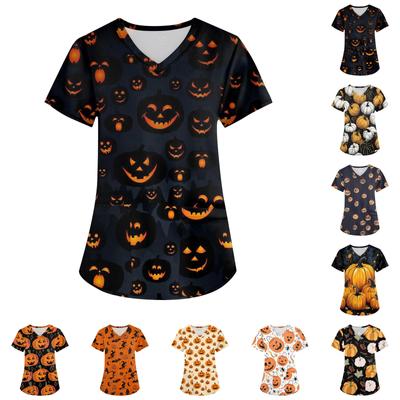 Plus Size Printed Scrub Working Uniform Tops For Women's Cross V Neck Halloween Print Short Sleeve Fun T-Shirts Workwear Tee With Pockets