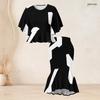 Women Plus Size Two Piece Set Round Neck Batwing Short Sleeve Printed Ruffle Top Fishtail Skirt Black