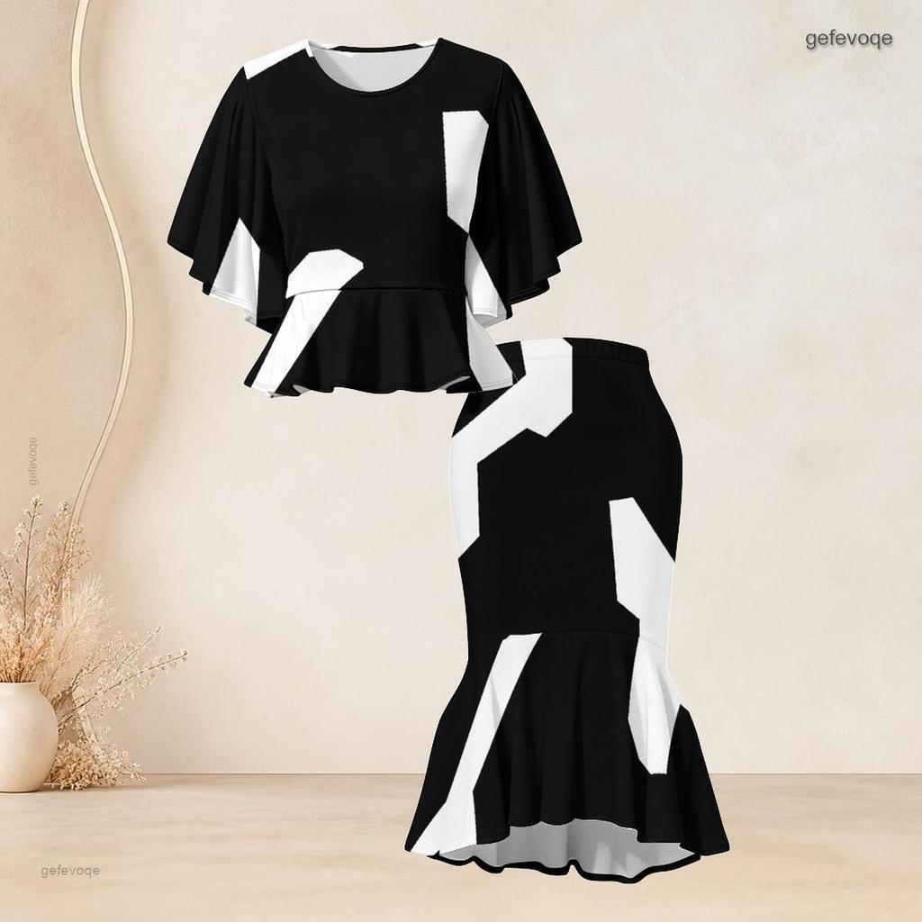Women Plus Size Two Piece Set Round Neck Batwing Short Sleeve Printed Ruffle Top Fishtail Skirt Black