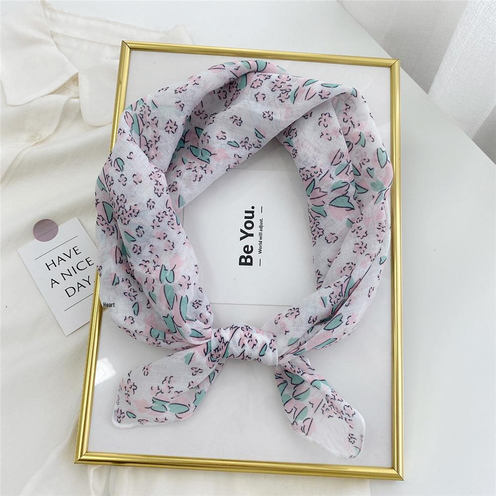 Floral Cotton Linen Silk Scarf: Women's Square Headband for Spring, Summer, Autumn - Korean Fresh Style