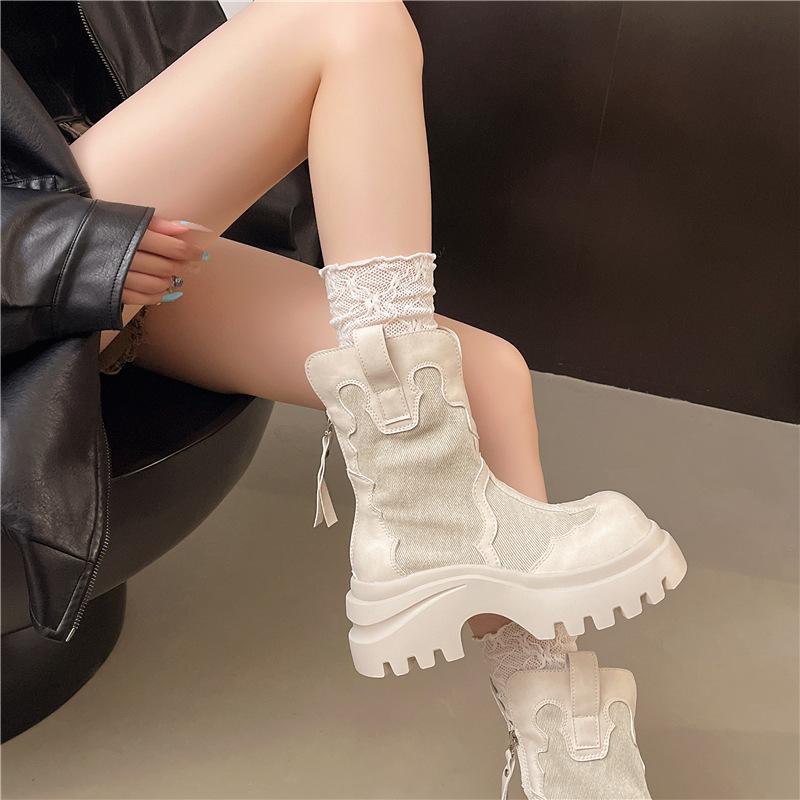 British Martin boots 2025 new French splicing western cowboy boots retro color matching thick-soled medium boots