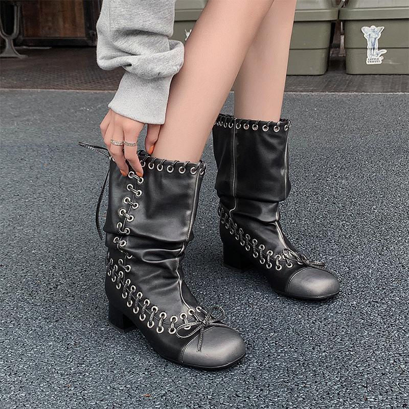 New Punk Women's Boots Trendy Square Toe Lace-up Retro Thick-soled Big Boots Fashion Handsome Motorcycle Texture Short Boots