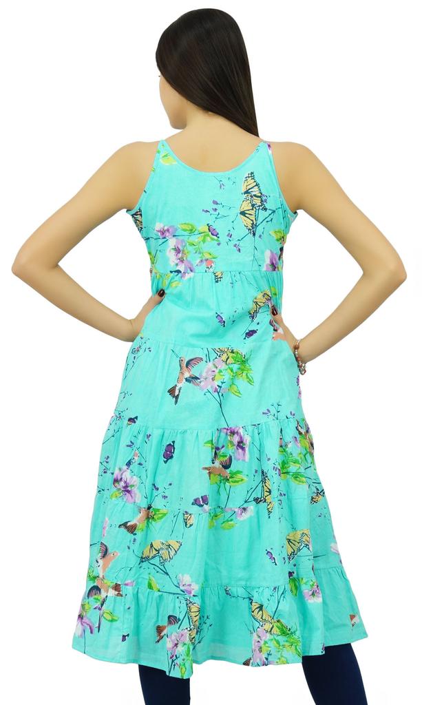 Bimba Women Print Cotton Dress Speghatti Strap Flaired Summer Beach Kurta Kurti Long Tunic Aqua