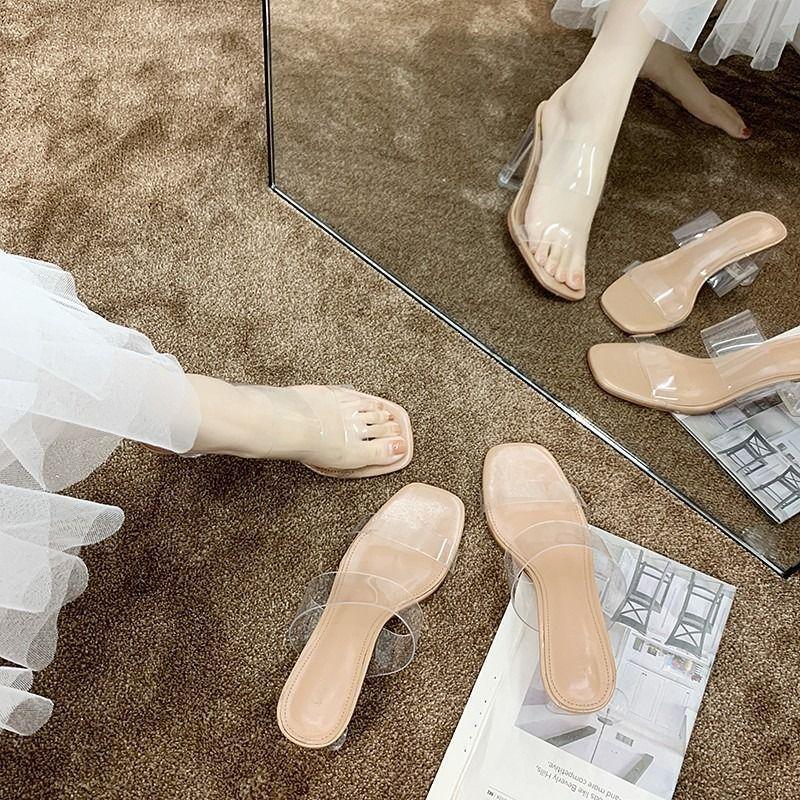 2025 summer new ins Internet celebrity fashion thick heel crystal heel transparent high heels one-word slippers women's outerwear