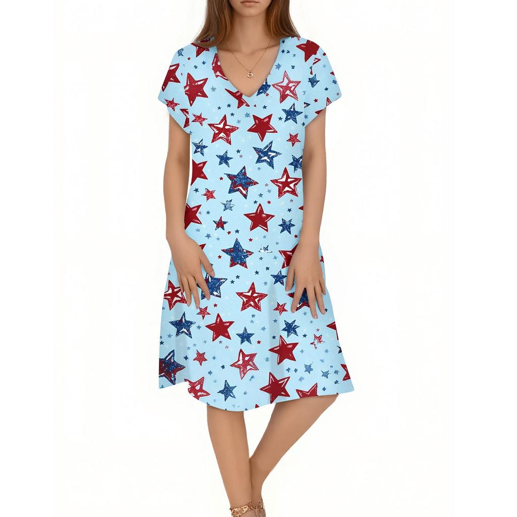 Women's Casual Fashion V-Neck Short Sleeve Floral Print Midi Flowing Dress