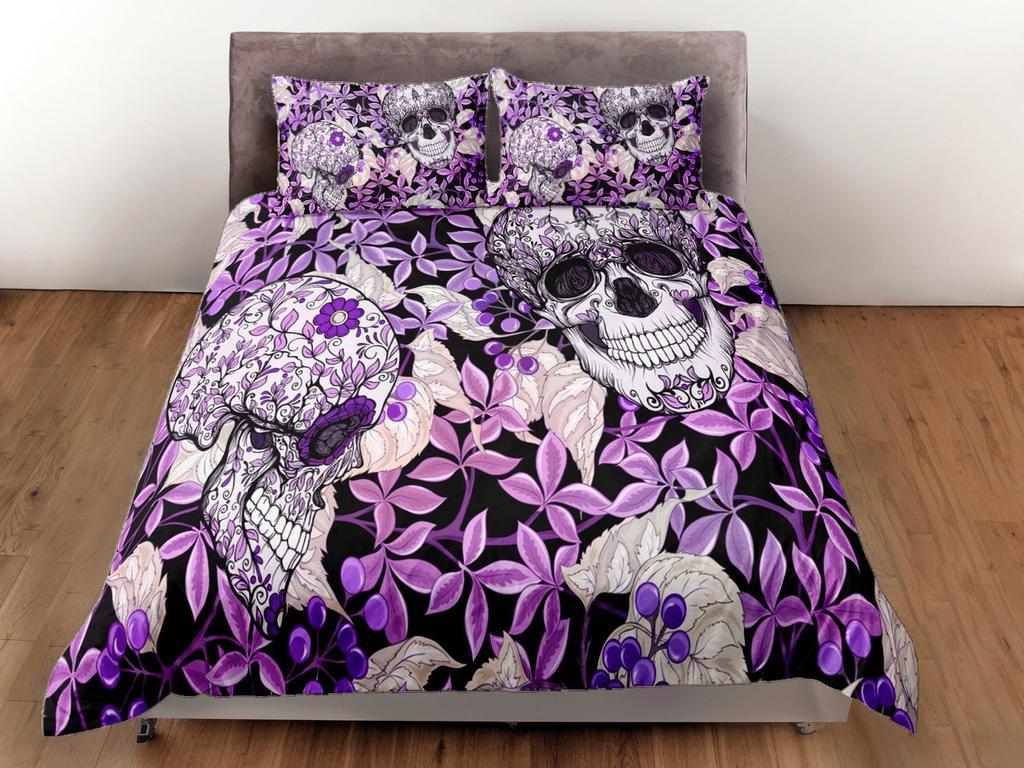 Purple Floral Skull Print Duvet Cover Set, Aesthetic Bedroom Set, Gothic Dorm Bedding, Skull Quilt Cover, Black Bedspread, Gorgeous bed set