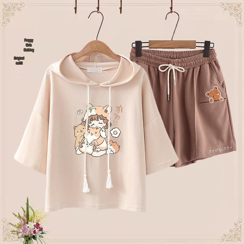 2024 Junior High Girls' Cute Bear T-Shirt & Shorts Set - Japanese Style