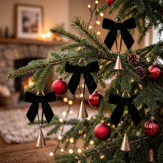 Holiday Party Hanging Ornaments 6 Pcs Velvet Bow with Bell Ornaments, Vintage Rustic Christmas Seasonal Decorative Decoration, Retro Jingle