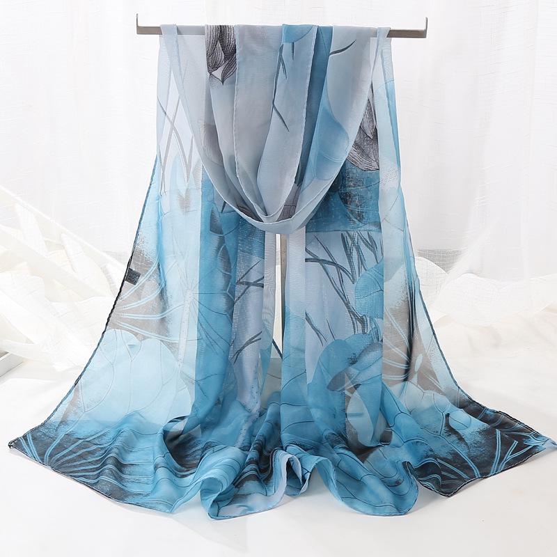 Chiffon Lotus Print Long Scarf - Lightweight, Thin Spring/Autumn Silk Accessory for Middle-Aged & Elderly