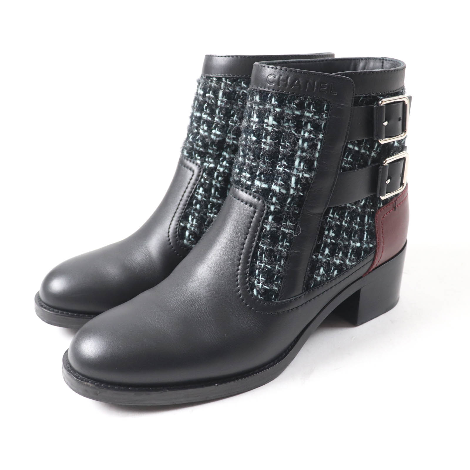 

Great CHANEL Ankle boots Belt design Black light blue leather Women 22B G39334 Used