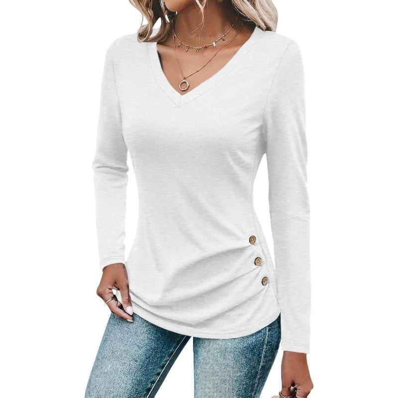 Women's Loose Fashion Solid Colour Long Sleeve Top Button Detail Knitted Multi Stretch Comfort T Shirt