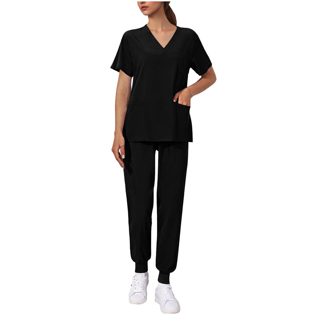 Women's Uniform Quick,drying Fabric Color V,neck Pocket Short,sleeved Trousers Suit Uniform Suit