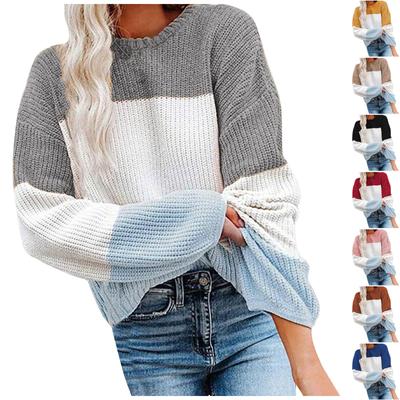 Women's Fashion Casual Color Block Patchwork Sweater Long Sleeve Pullover Sweater Top