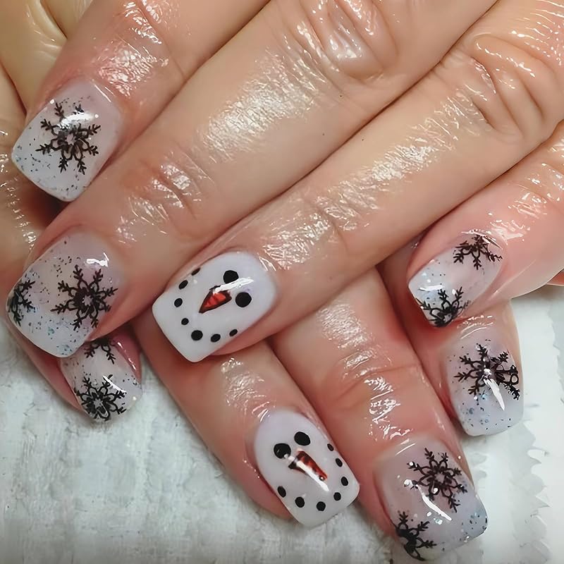 Christmas Press on Medium Square Fake Nails With Black Snowflakes Design - Glossy Glue on Winter Xmas Full Cover Acrylic Artificial Bling Gold