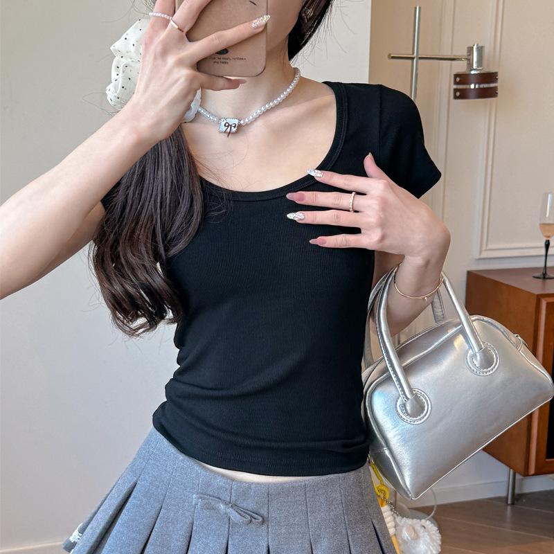 

Summer Crew Neck Black Basic Front Shoulder Short Sleeve T-Shirt Women s Versatile Casual Design Bottom Bottom Bottom Bottom Bottom Shirt s (suitable for weight 35-47.5kg ) чёрный
