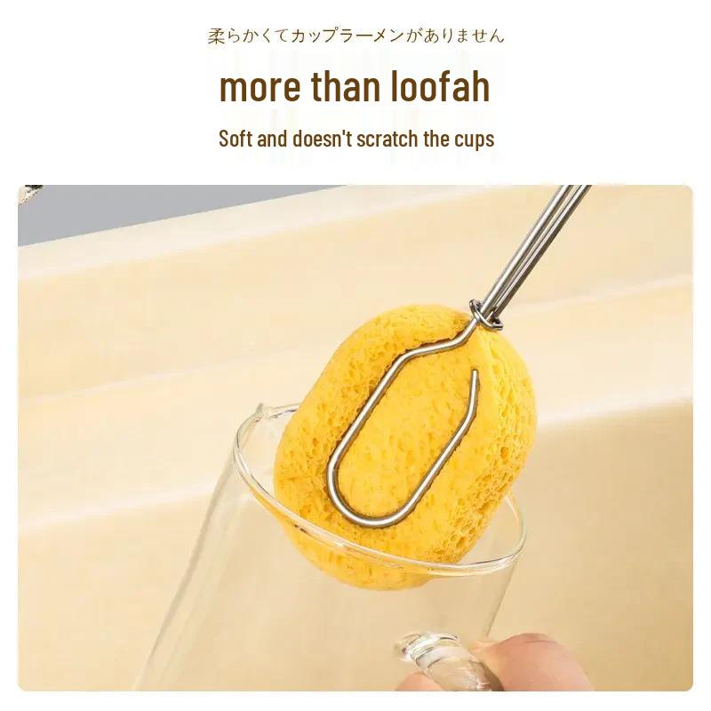 Kuchyňský kartáč s dlouhou rukojetí a houbičkou z dřevité buničiny na hrnky, hrnce a nádobí