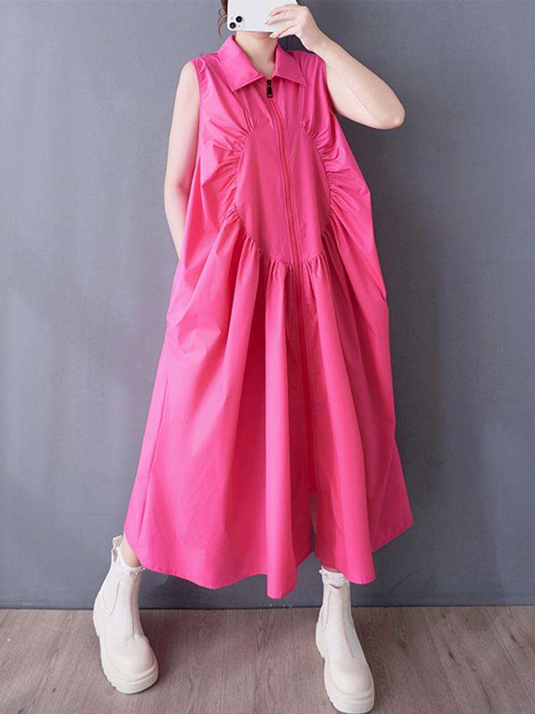 XITAO Zipper Pleated Lapel Dress GYX1549