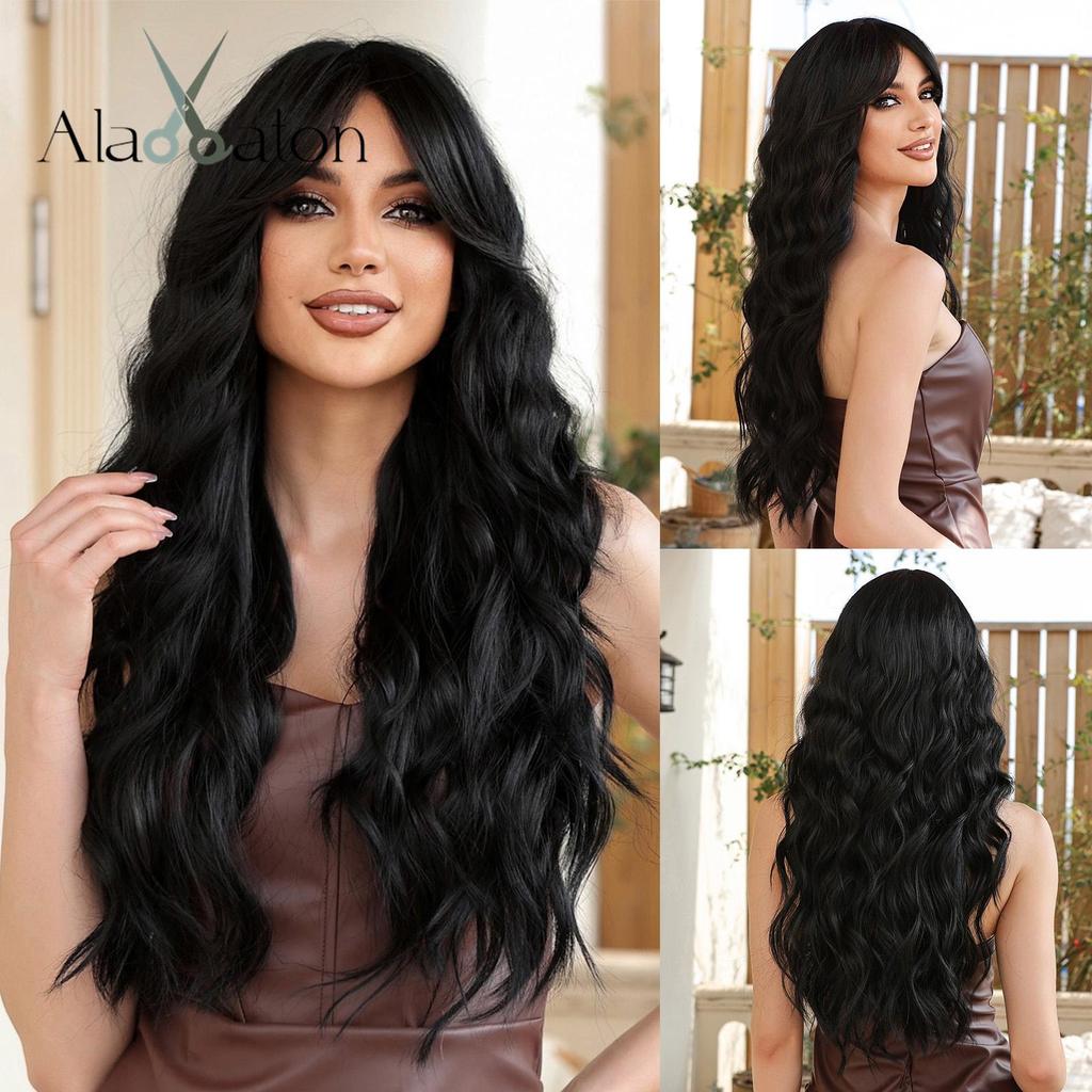 ALAN EATON Long Body Wavy Brown Wig Ombre Synthetic Hair Wig with Bangs Heat Resistant Fiber Wig Women Soft Daily Hair Party Use