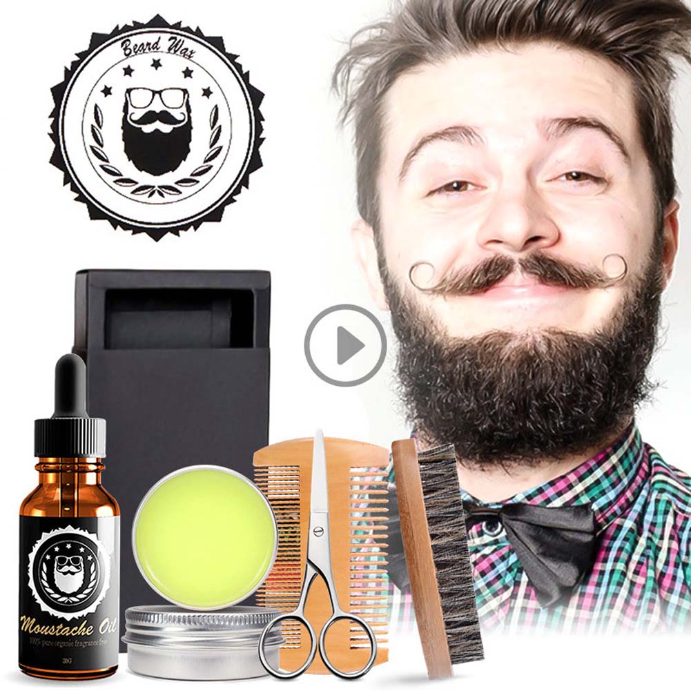 Men S Beard Care Set Contains Cream Oil Double Sided Comb Brush Scissors 5 Pcs Set