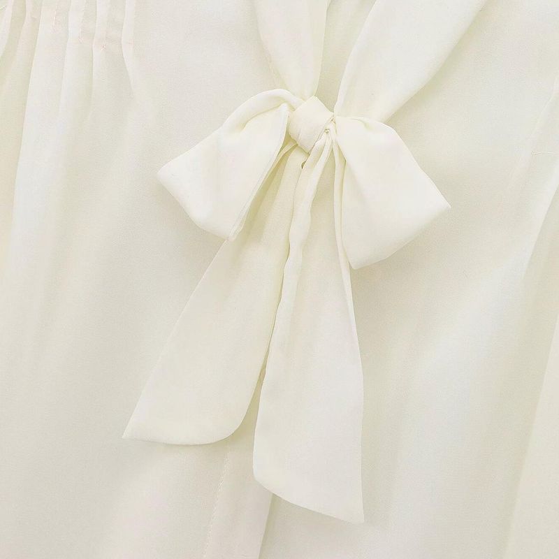 Kaslead New Arrival Women's Fashion Style Stylish Simple and Versatile Wrinkle V Neck Bows Translucent Shirt
