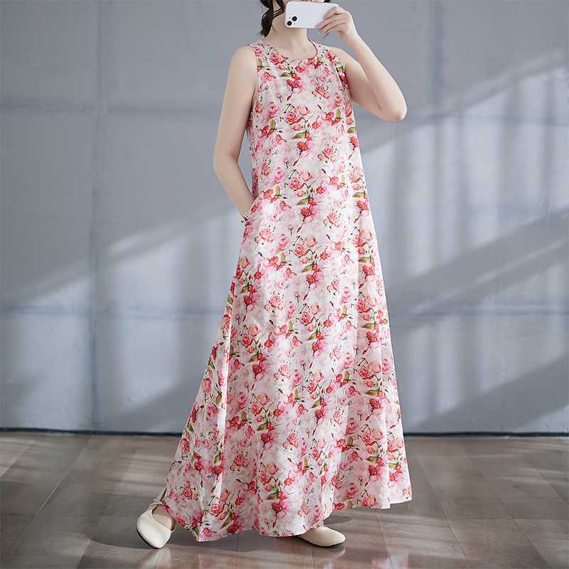 New Long Skirt Summer Sleeveless Round Neck Printed Dress