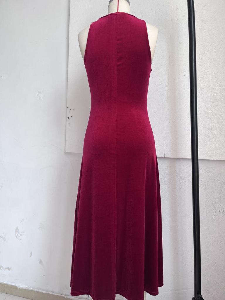 2026 Women's Solid Color Velvet High Slit Bodycon Dress - European and American Summer Fashion