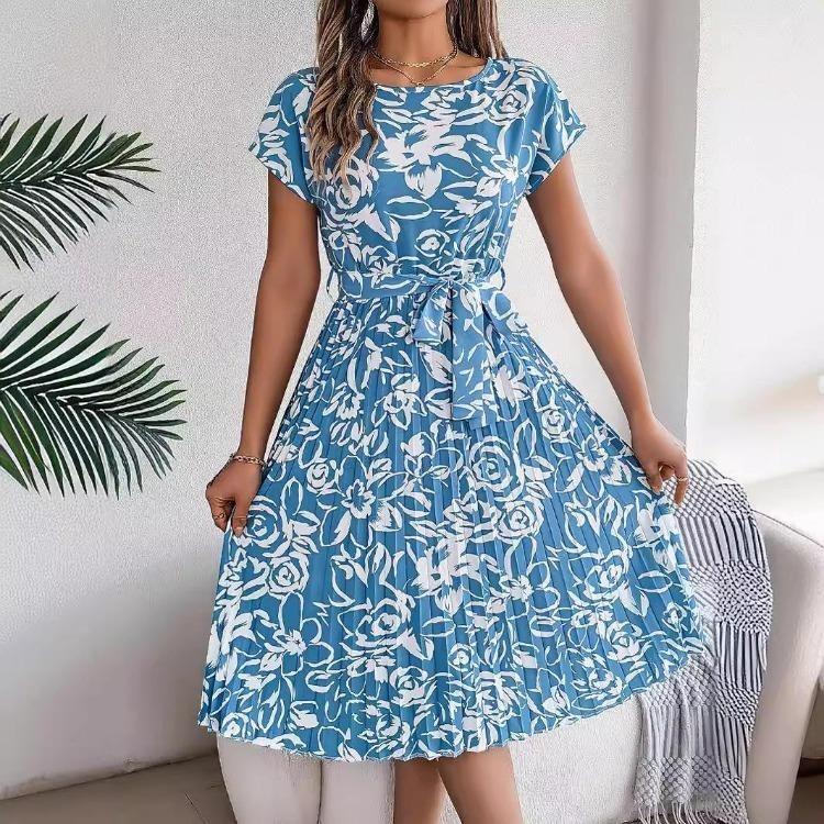 Women High Waist A Line Floral Pleated Long Dress Short Sleeve Spring Summer