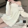 Coco Yuka Knit Sweater Mini Long Loose Sexy Tunic Solid Pearl Detail Size & Off-the-Shoulder Dress, Sleeves, Fit, Dress, Off-the-Shoulder, Cute,