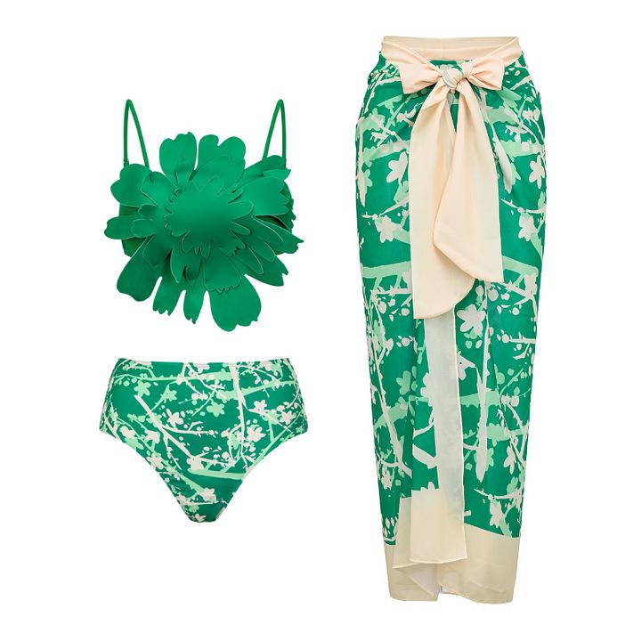1011 Europäisches und amerikanisches neues Bikini-Blumen-Dekorationsdruck-Split-Badeanzug- und Wickelrock-Set 1111